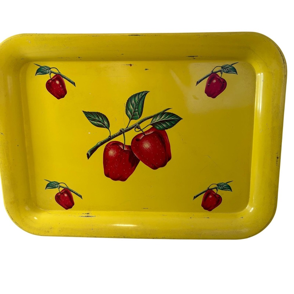 Vintage Yellow Metal Serving Tray Red Apple Litho Tin Farmhouse Kitchen Decor